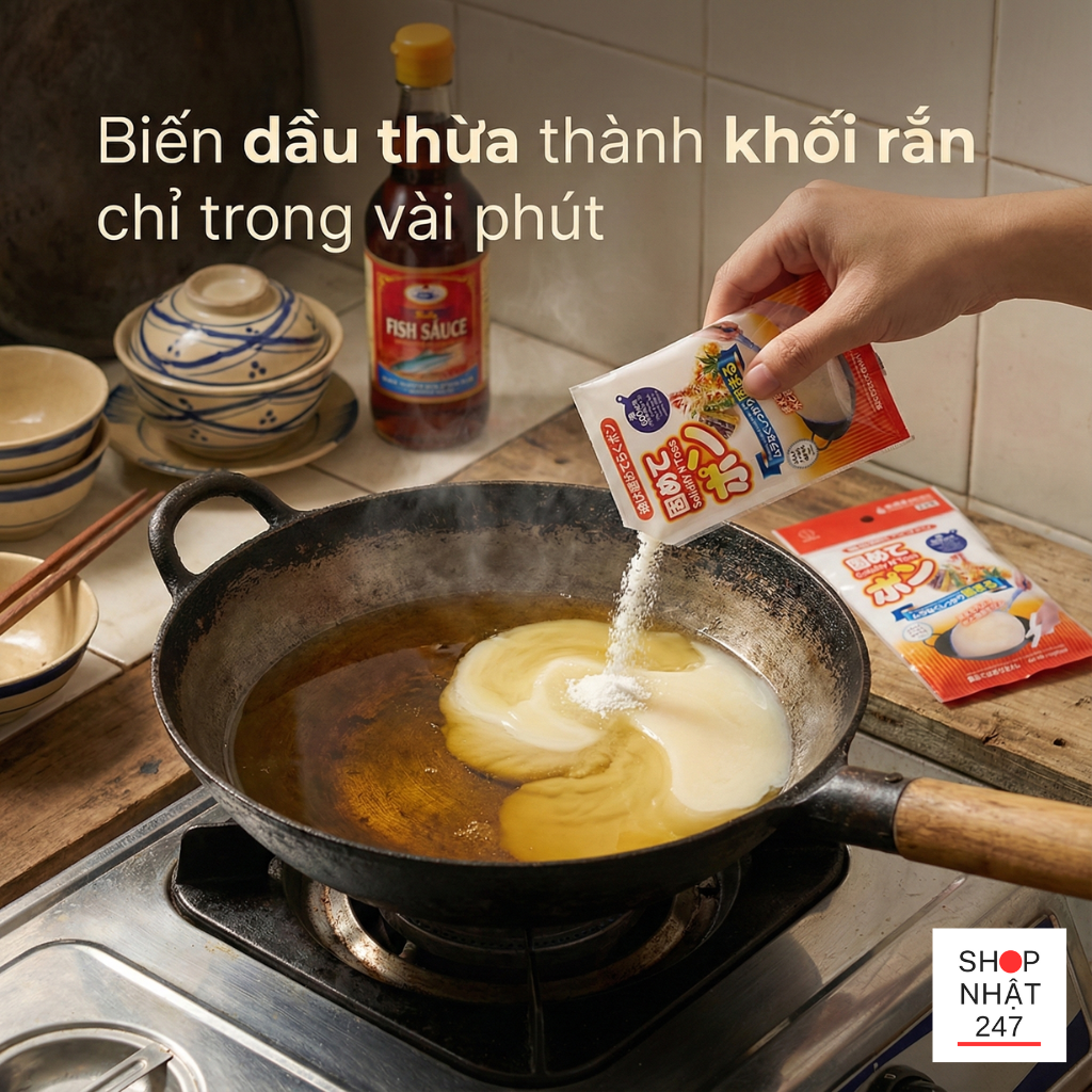 Cách xử lý dầu ăn thừa ở Nhật: Bí quyết dọn bếp sạch bong với bột làm đông Katamete Pon 6 Cách xử lý dầu ăn thừa ở Nhật bằng bột làm đông Katamete Pon