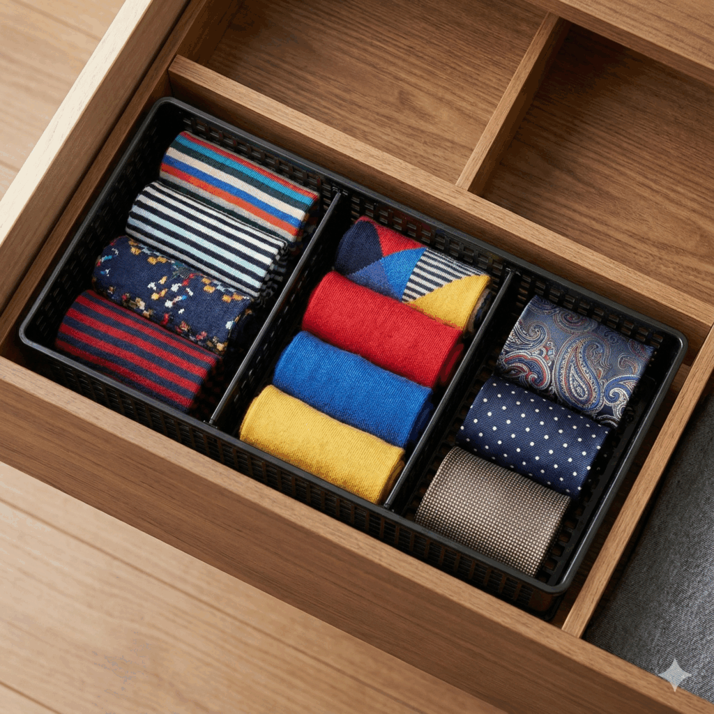 Hộp chia ngăn Sanada Seiko màu đen kích thước 30x12.2cm đặt trên bàn gỗ