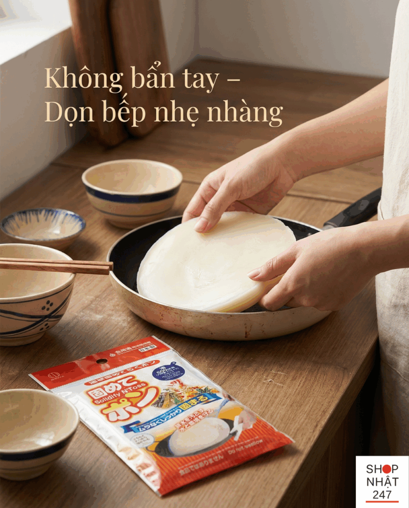 Cách xử lý dầu ăn thừa ở Nhật: Bí quyết dọn bếp sạch bong với bột làm đông Katamete Pon 8 Chất làm đông dầu ăn biến dầu thừa thành khối rắn