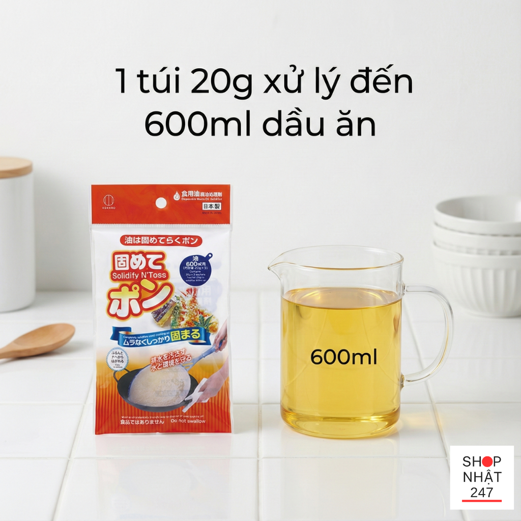 Cách xử lý dầu ăn thừa ở Nhật: Bí quyết dọn bếp sạch bong với bột làm đông Katamete Pon 5 xu ly dau an thua