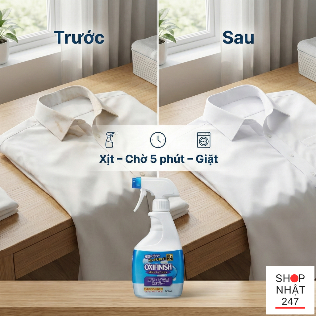 Tẩy vết bẩn cổ áo “cứng đầu” có dễ hơn không? Review Pix Pro OXIFINISH xịt bọt Nhật 500mL 6 Cach tay trang co ao bi o vang va tay co ao tay ao hieu qua