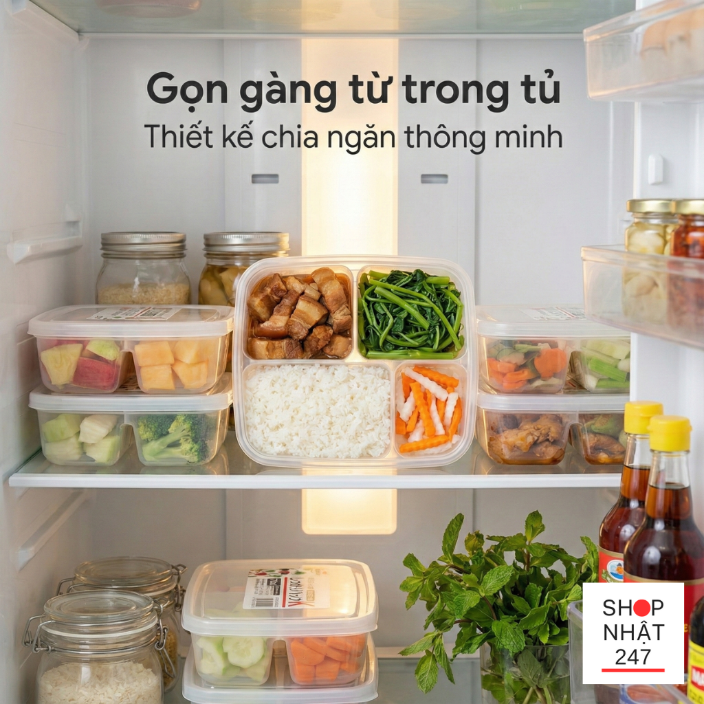 Sap xep tu lanh gon gang voi hop dung do an chia ngan