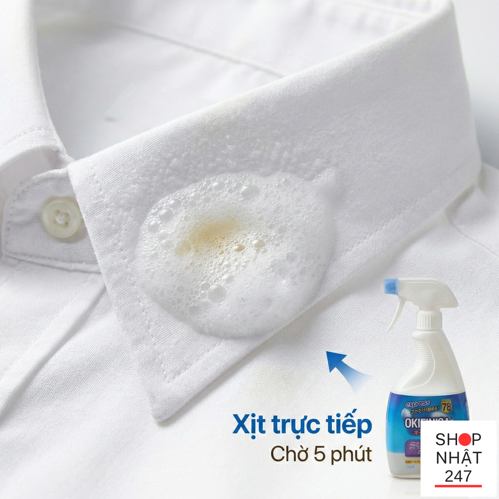 Tẩy vết bẩn cổ áo “cứng đầu” có dễ hơn không? Review Pix Pro OXIFINISH xịt bọt Nhật 500mL 7 Thanh phan tinh chat trung tinh khong pha chat tay trang